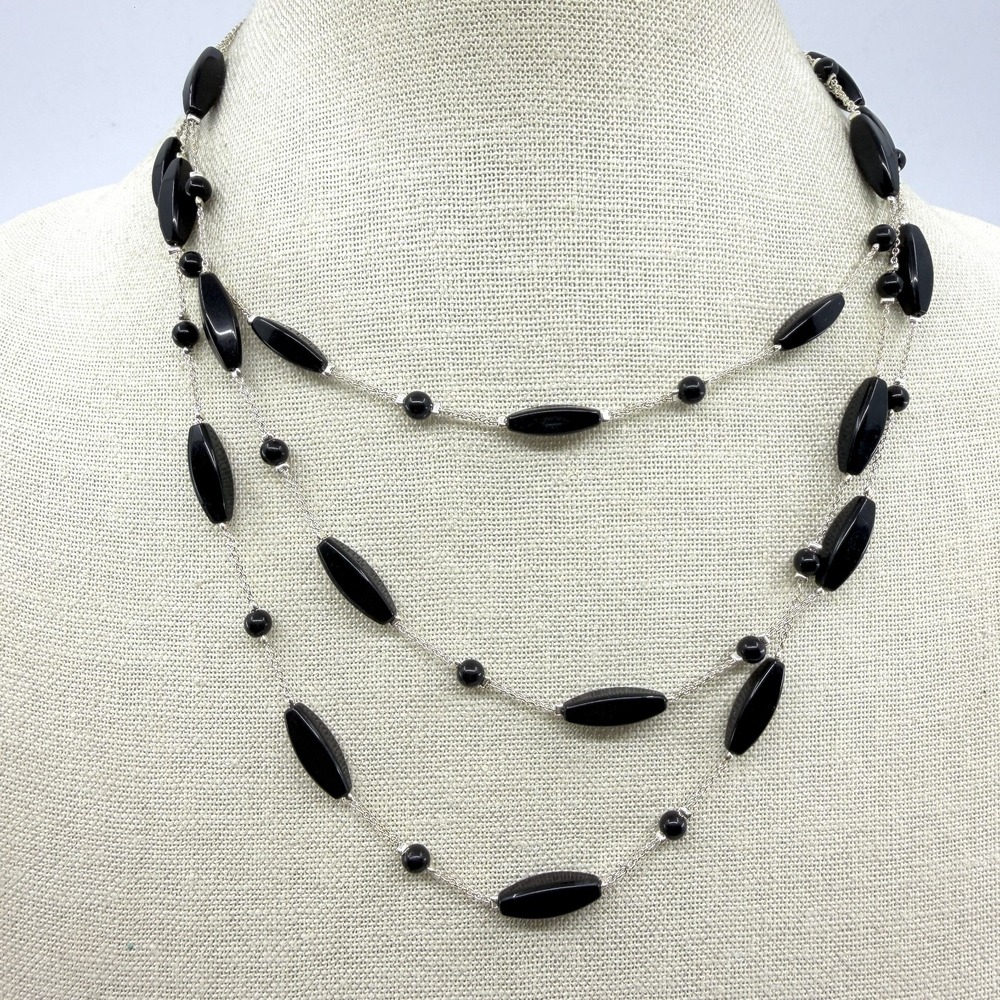 Lia Sophia Black Marquise Bead Long Station Necklace Silver Tone Layered Chain